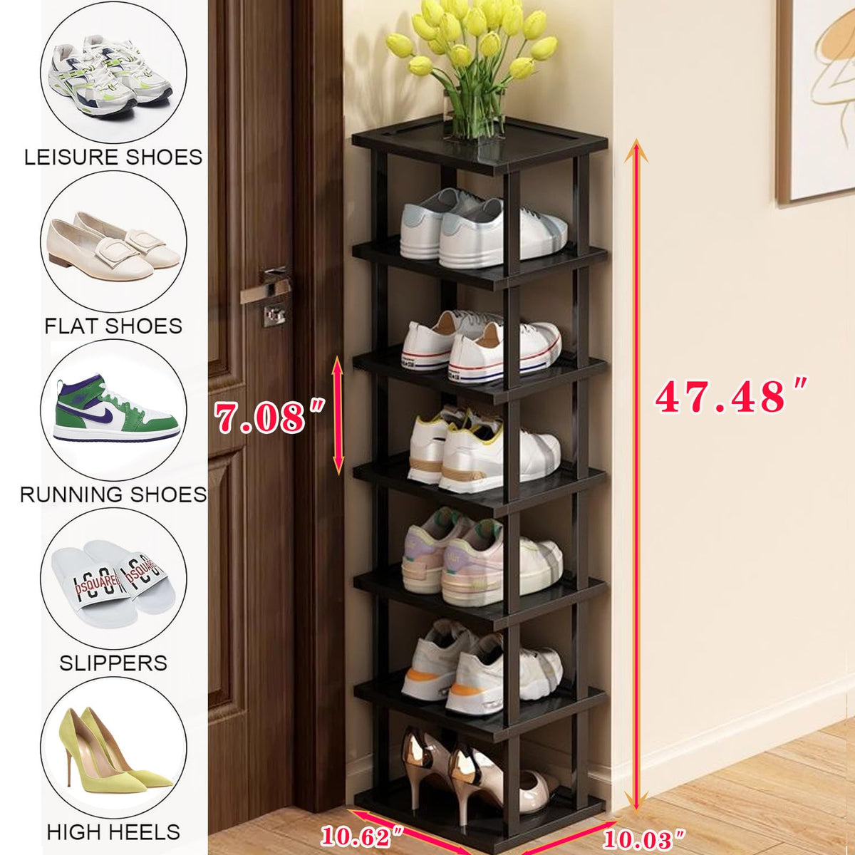 AFOORD tall narrow shoe rack closeup shows durable bamboo and smooth edges