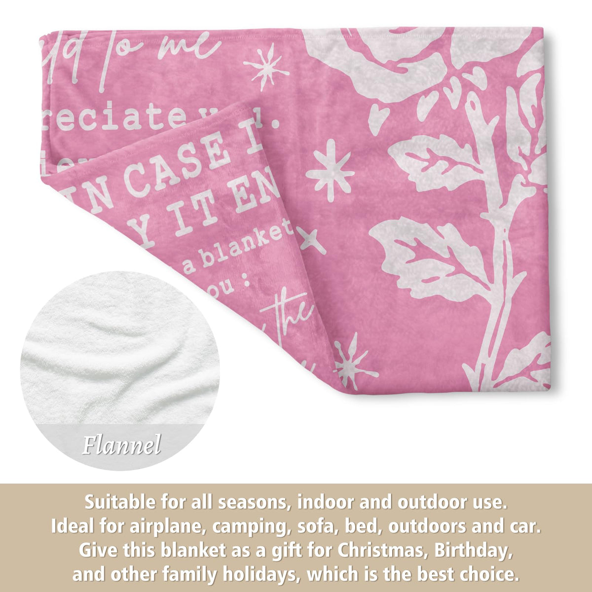 Afterprints cozy-wrapped blanket on bed, highlighting its decorative rose motif