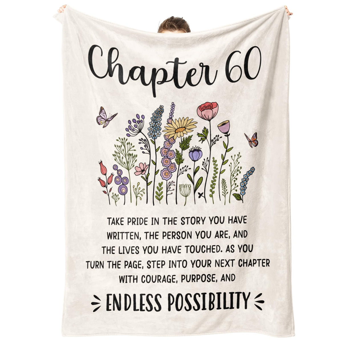 Afterprints Chapter 60 blanket with flowers and butterflies for milestone celebration and cozy comfort.