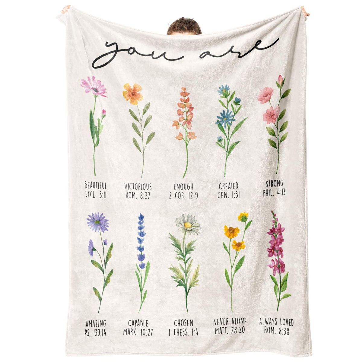 Afterprints Christian blanket with flowers print for cozy warmth and uplifting scripture.
