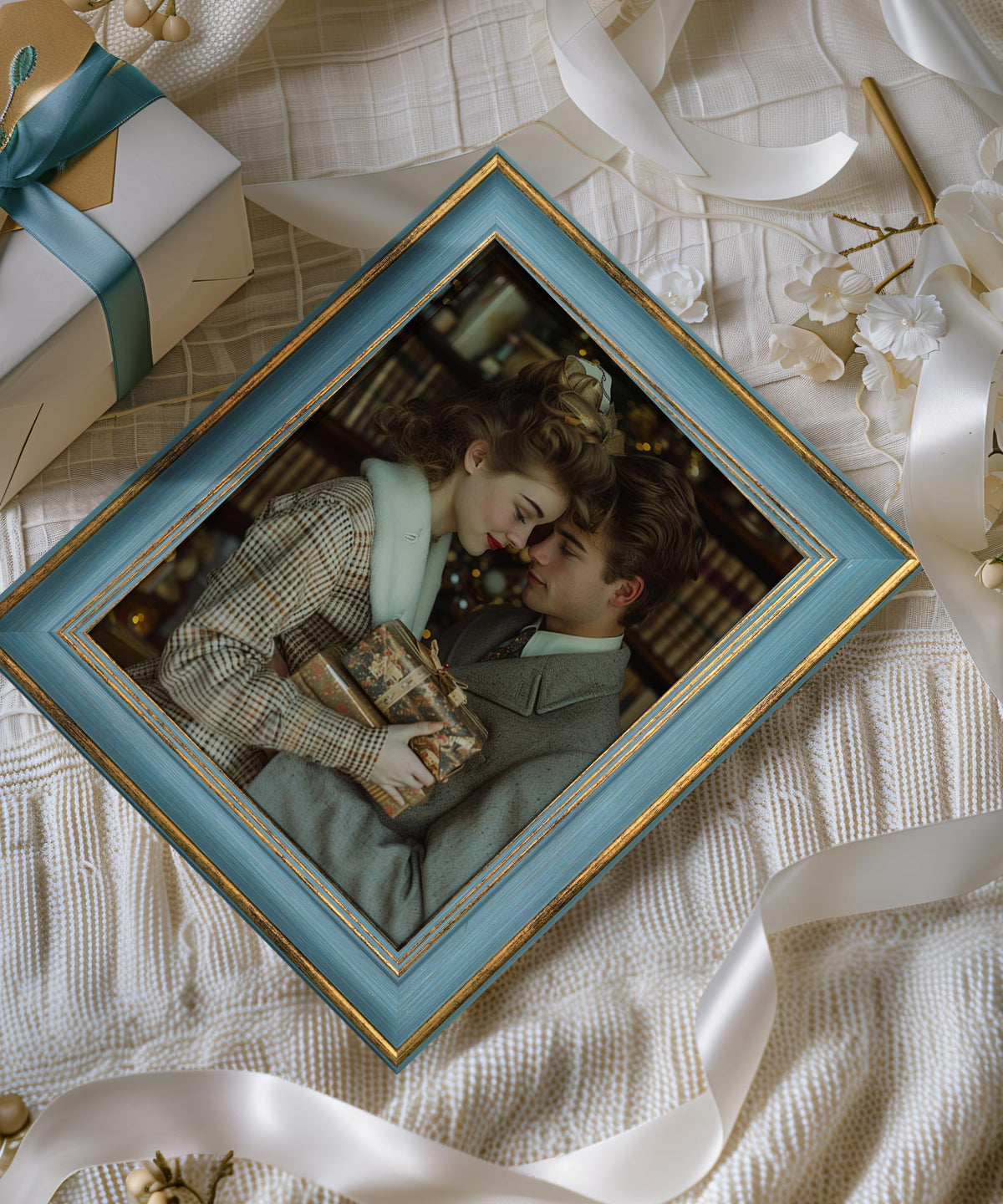 Afuly 8x10 blue-gold frame on desk adds personal memory display.