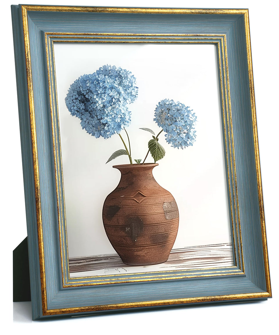Afuly 8x10 blue-gold frame mounted on wall for retro charm.