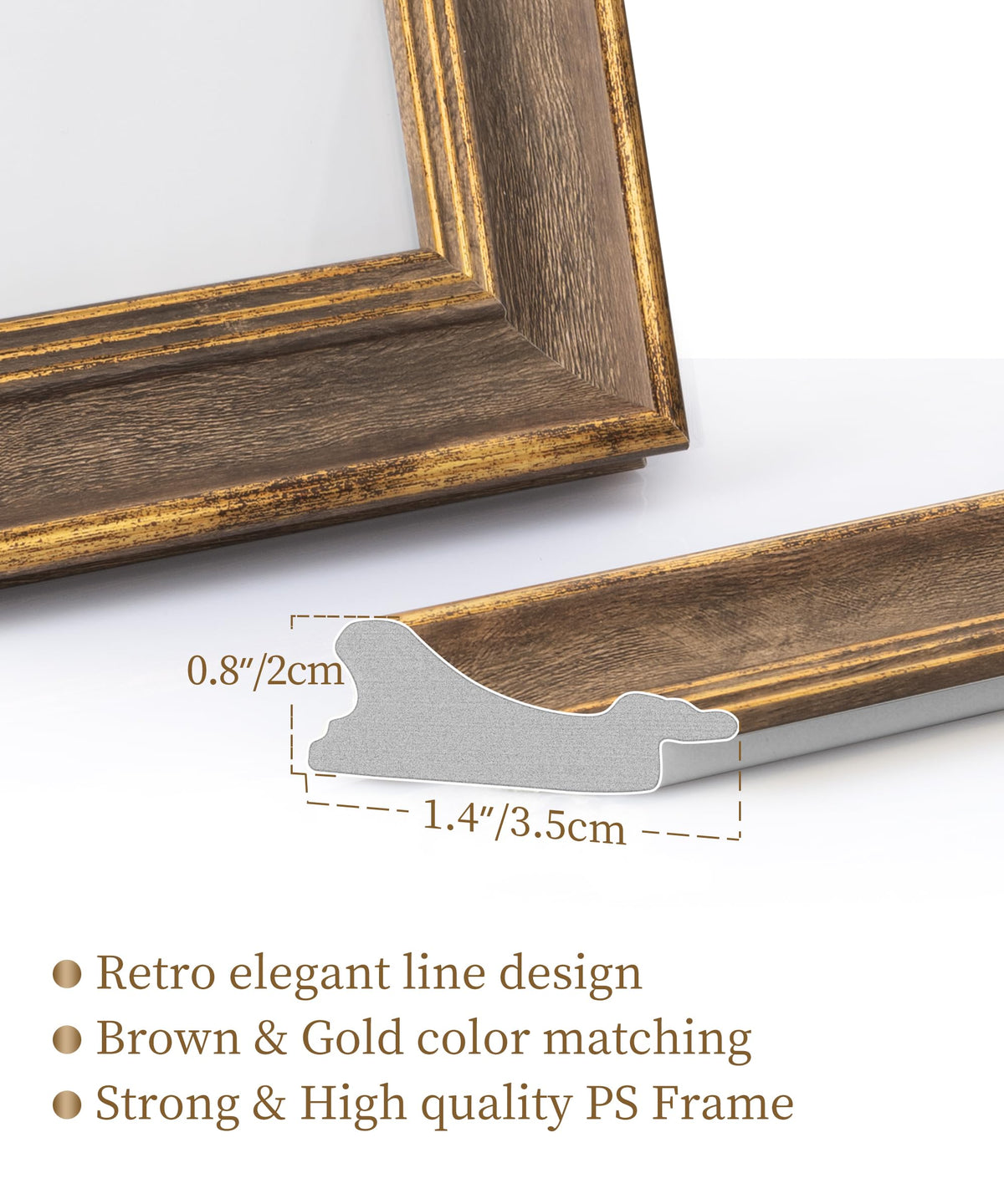 Afuly wood frame with gold line detail adds retro charm.