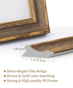 Afuly wood frame with gold line detail adds retro charm.