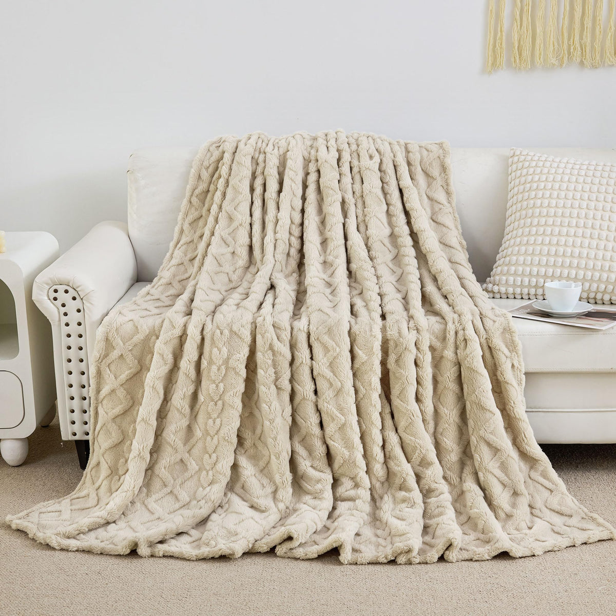 Aganear khaki tone blanket complements neutral furniture styles