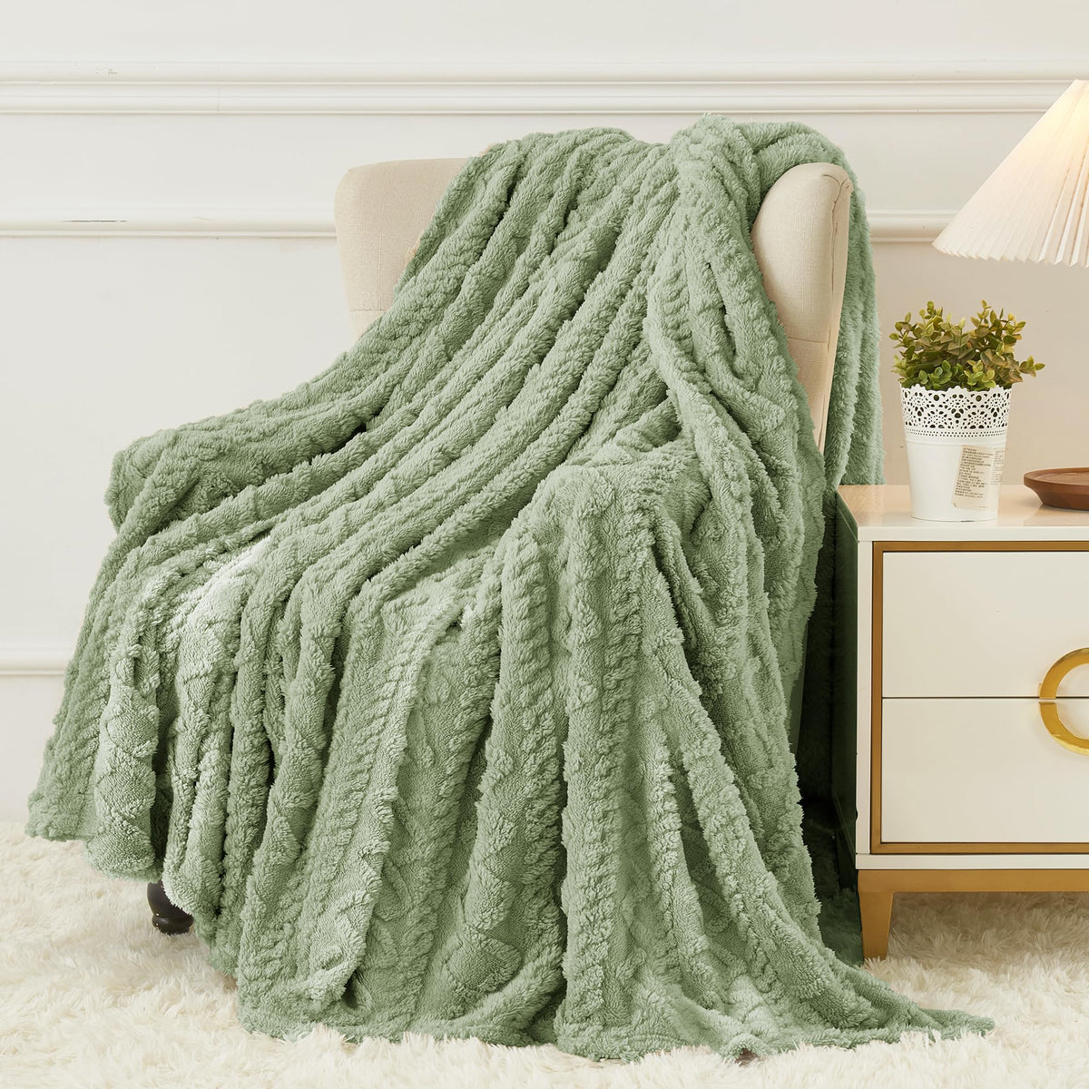 Aganear flannel throw sage green front view adds cozy ambiance to living room