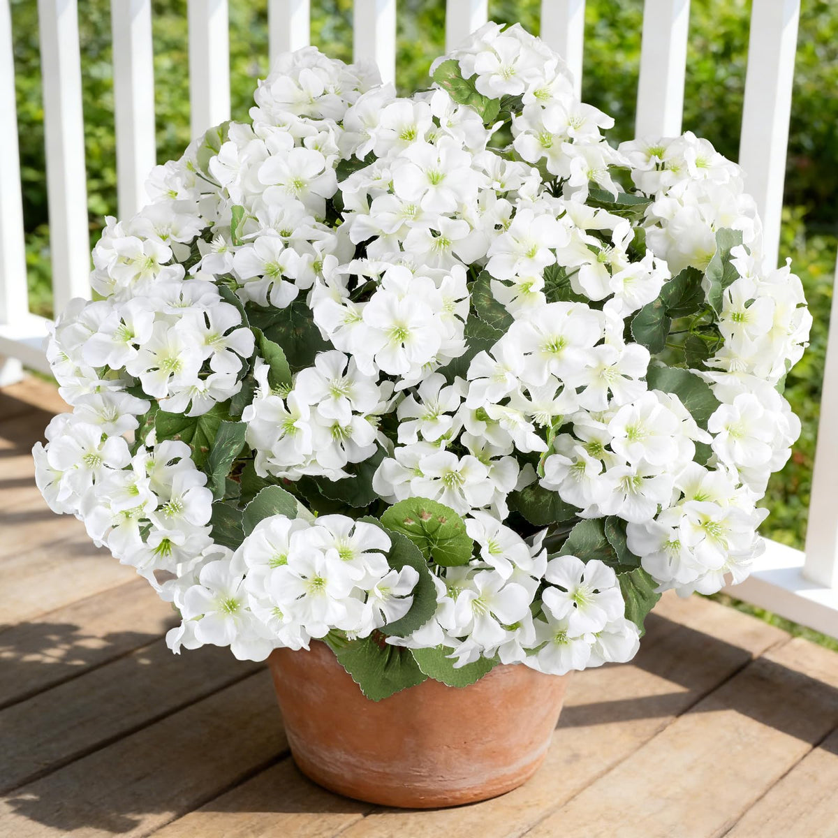 AGIRL white artificial geraniums six-pack bundles for outdoor use, UV resistant.