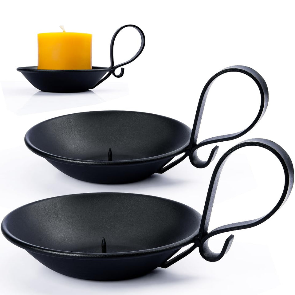 AGLARY 2-pack matte black iron pillar candle holders with handle, ideal for elegant weddings or cozy home tables
