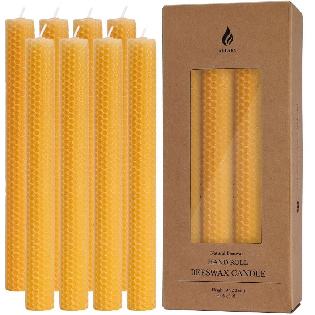 AGLARY 8pcs beeswax tapers with a natural burn and warm glow