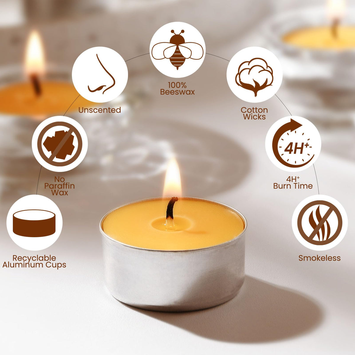 AGLARY beeswax tealights with a 4-5 hour burn in durable aluminum cups.
