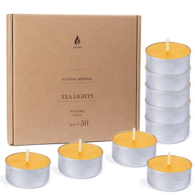 AGLARY beeswax tealights in aluminum cups for a clean, long-lasting table setting.