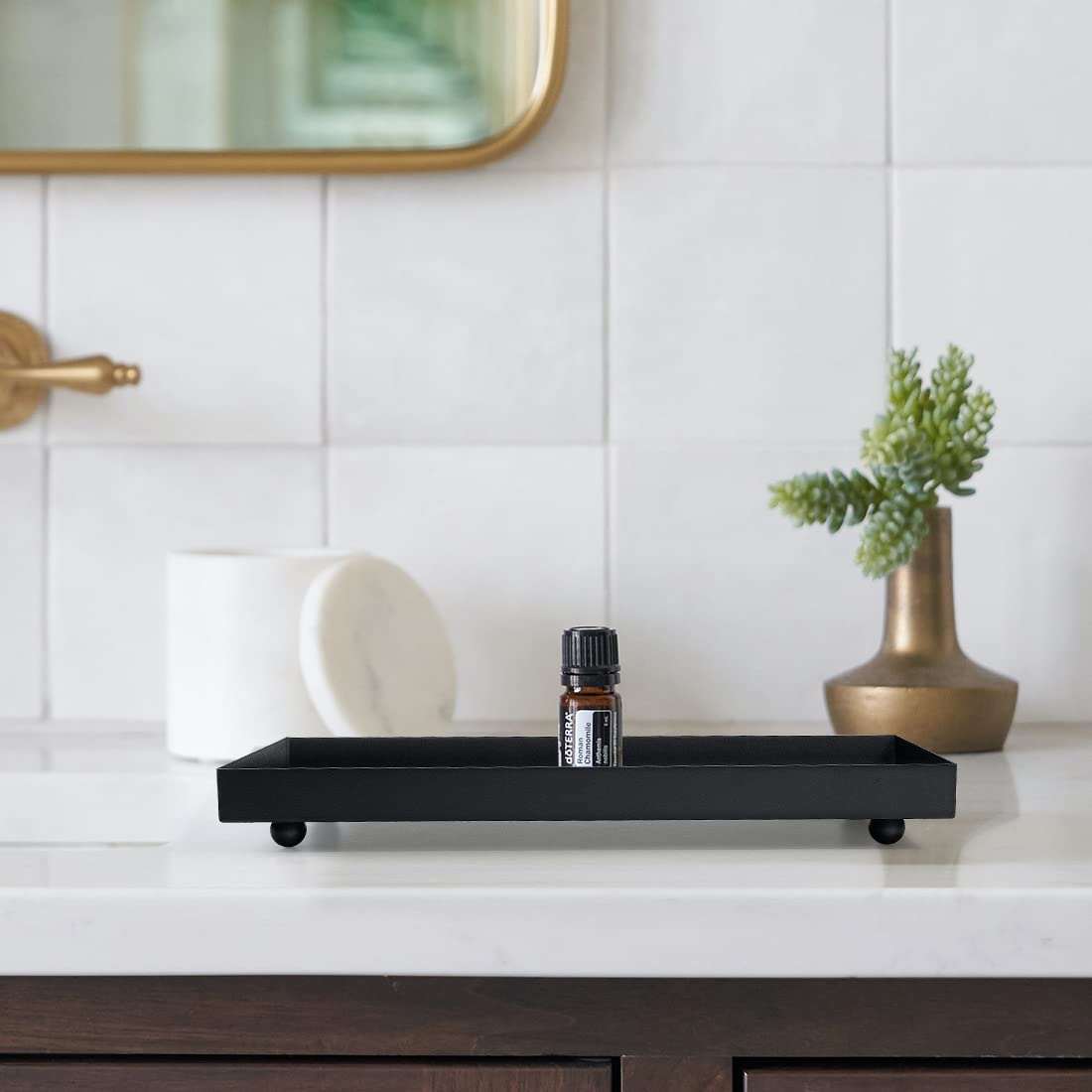 AGLARY Rectangle Black Matte Metal Tray perfume storage on dresser.