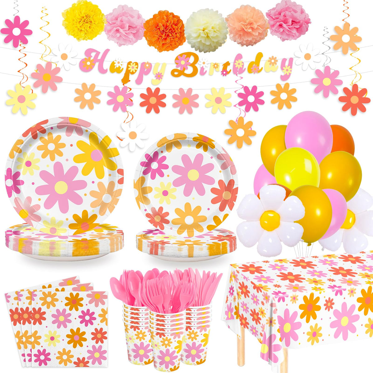 AGoooodySet groovy daisy tablecloth enhances the base decor for a 24-guest celebration.