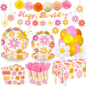 AGoooodySet groovy daisy tablecloth enhances the base decor for a 24-guest celebration.
