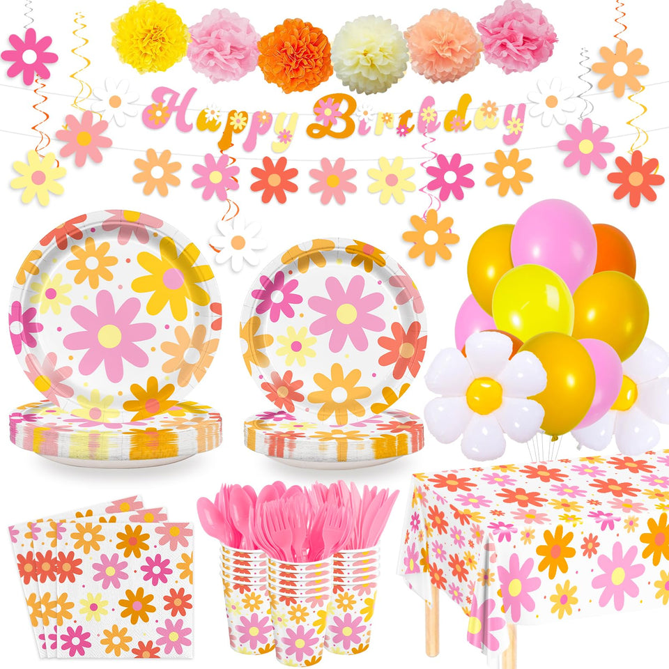 AGoooodySet groovy daisy tablecloth enhances the base decor for a 24-guest celebration.