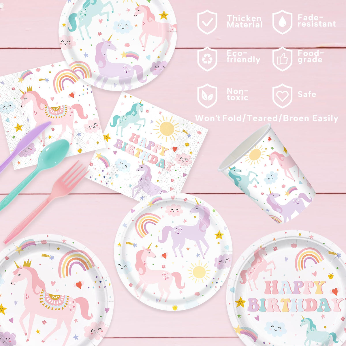 AGoooodySet unicorn tablecloth protects surfaces and unifies the party theme.