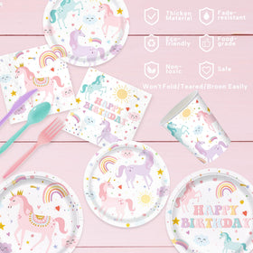 AGoooodySet unicorn tablecloth protects surfaces and unifies the party theme.