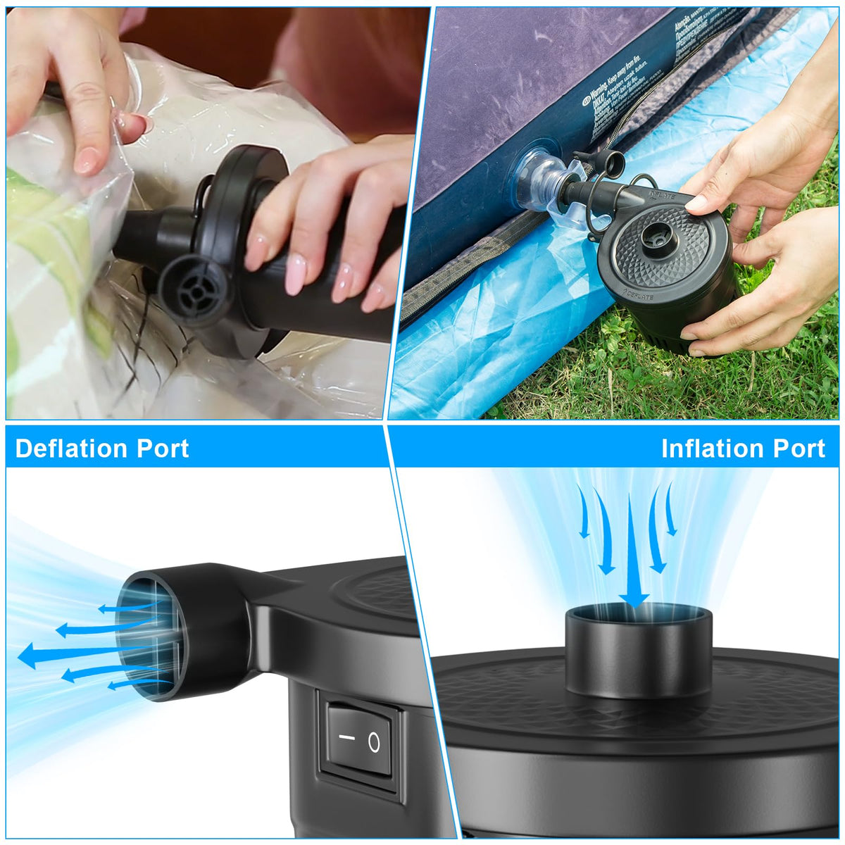 AGPTEK pump in use inflating air beds with quick-fill capability.