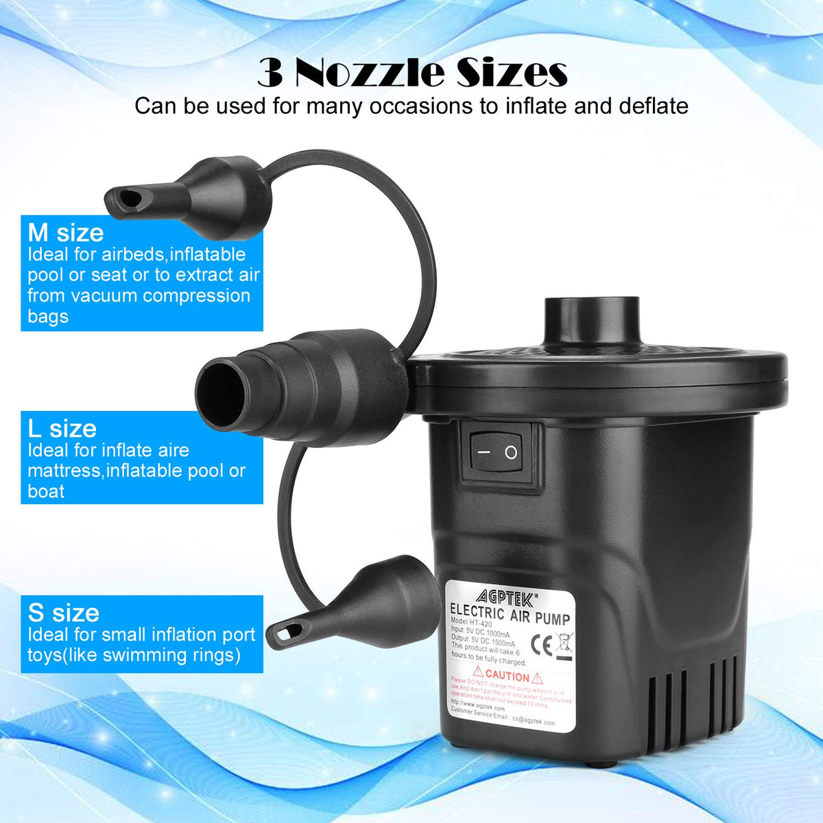 Rechargeable air pump provides versatile use from home to campsite.