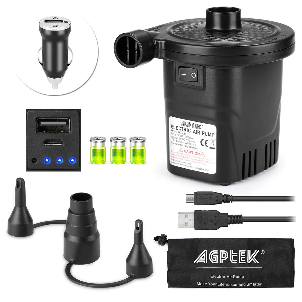 AGPTEK rechargeable air pump with battery indicator for easy status checks during inflations.