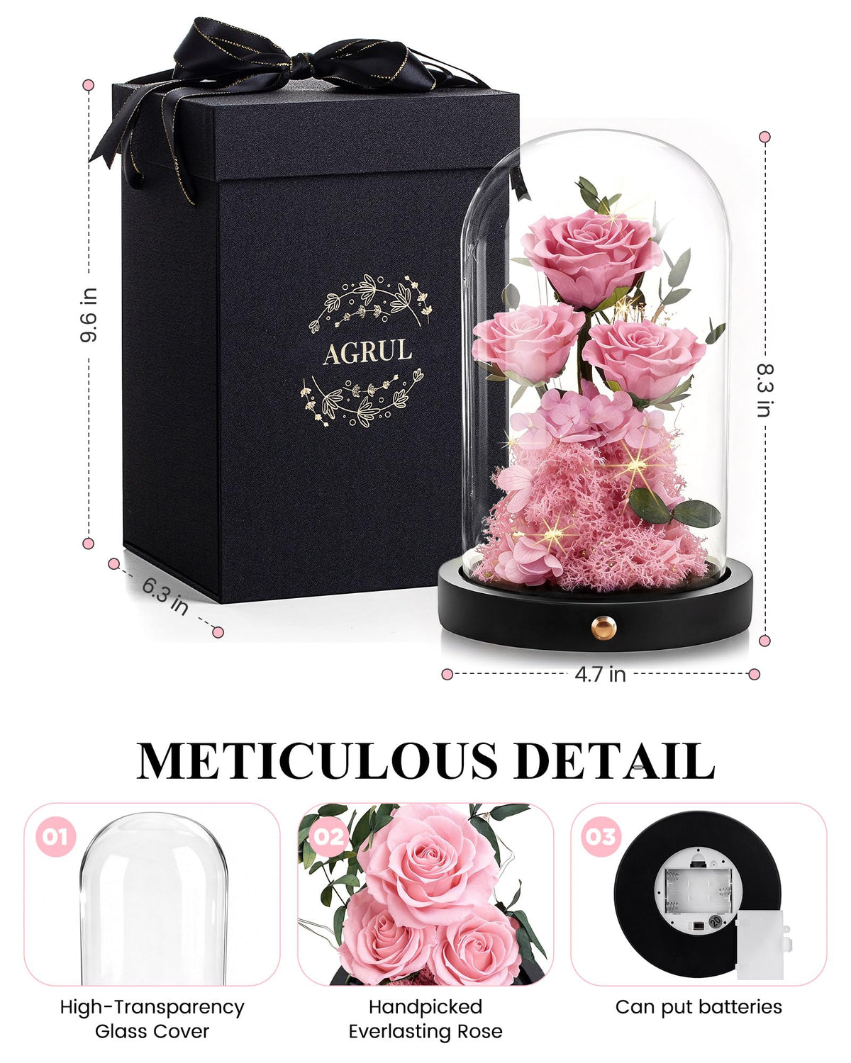 Agrul glass dome rose display enhances elegant centerpiece and lasting charm.