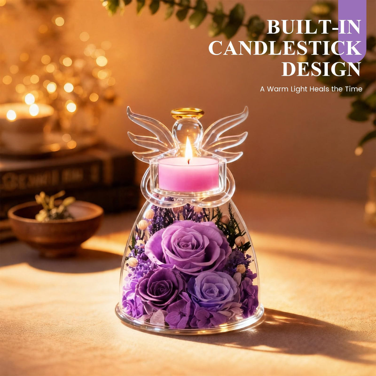 Agrul Mother's Day gift roses in a glass dome with angel figure.