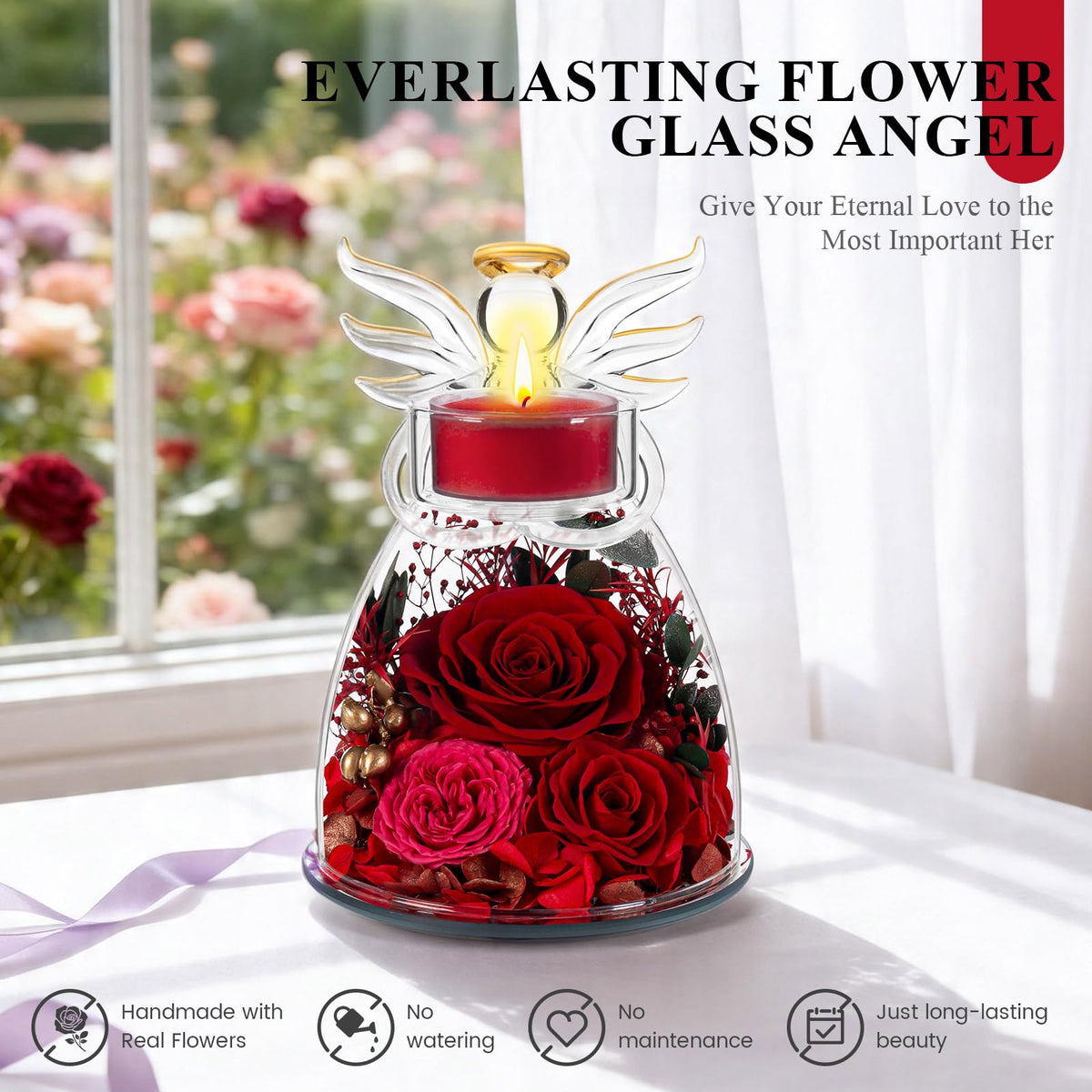 Agrul preserved roses inside glass angel, ideal home decor that lasts beyond holidays.