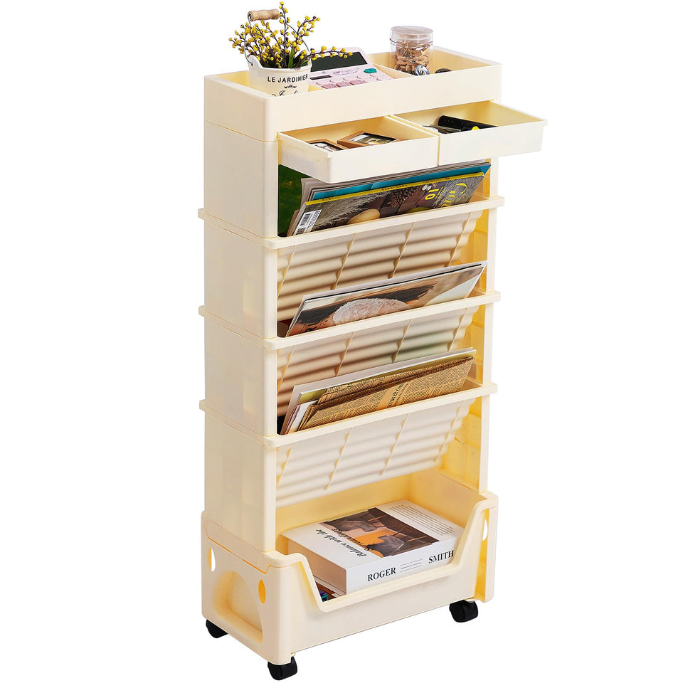 AGTEK five-tier beige rolling cart with divided top shelf for quick organization.
