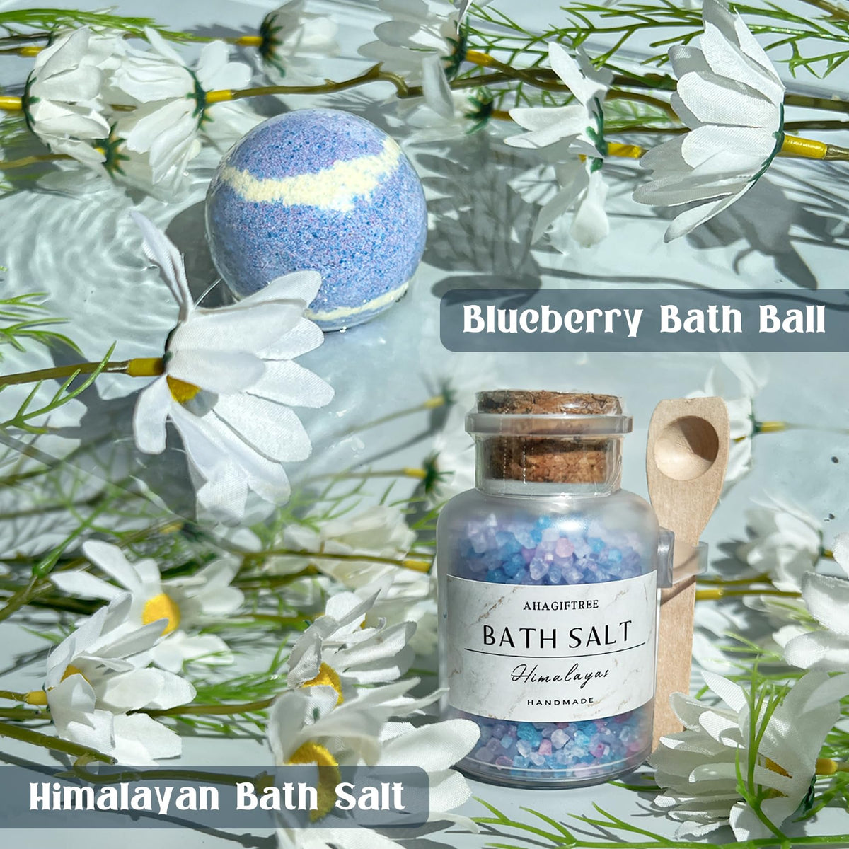 AHAGIFTREE bath salt included for soothing soaks and relaxation.