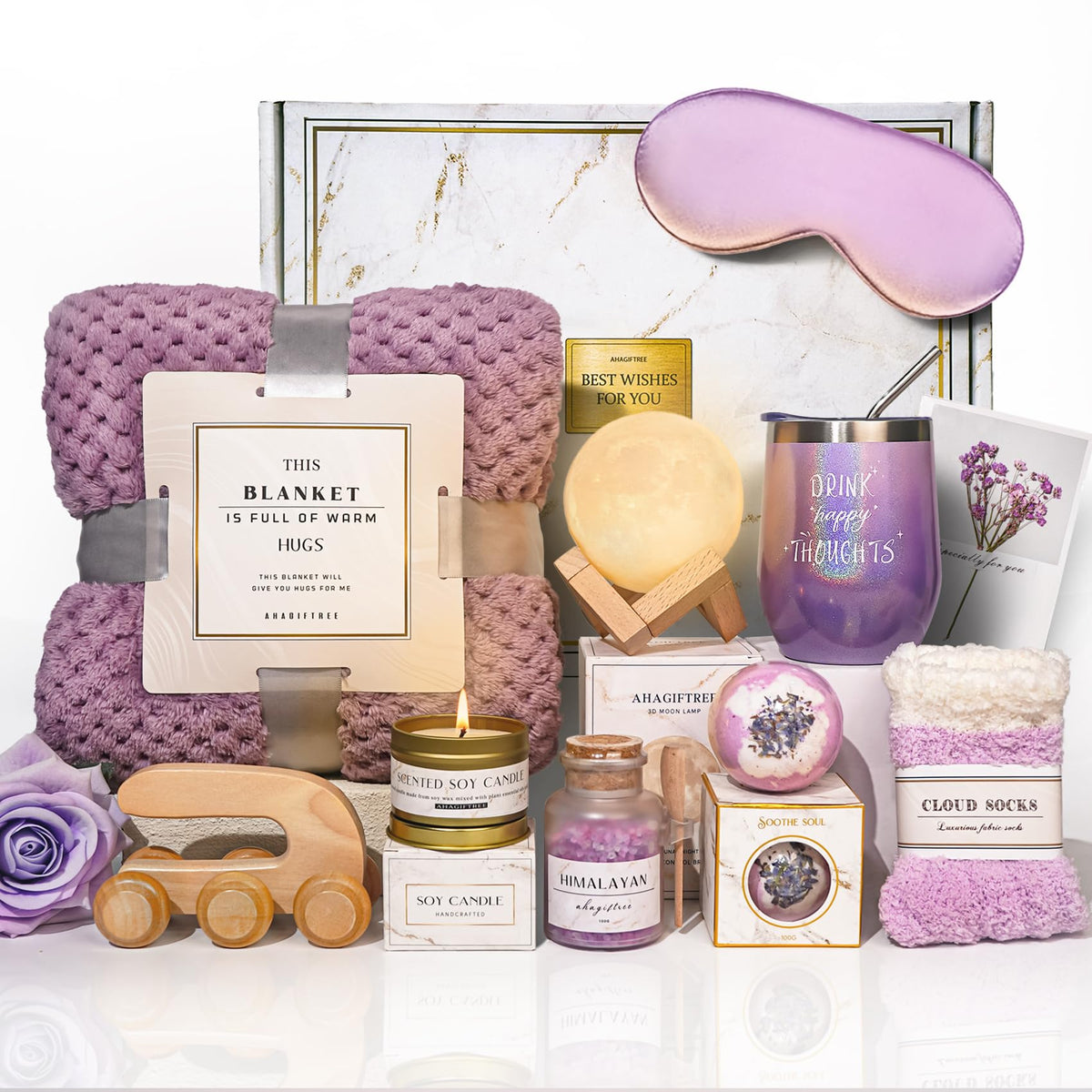 AHAGIFTREE blanket in gift basket for cozy comfort and self-care.