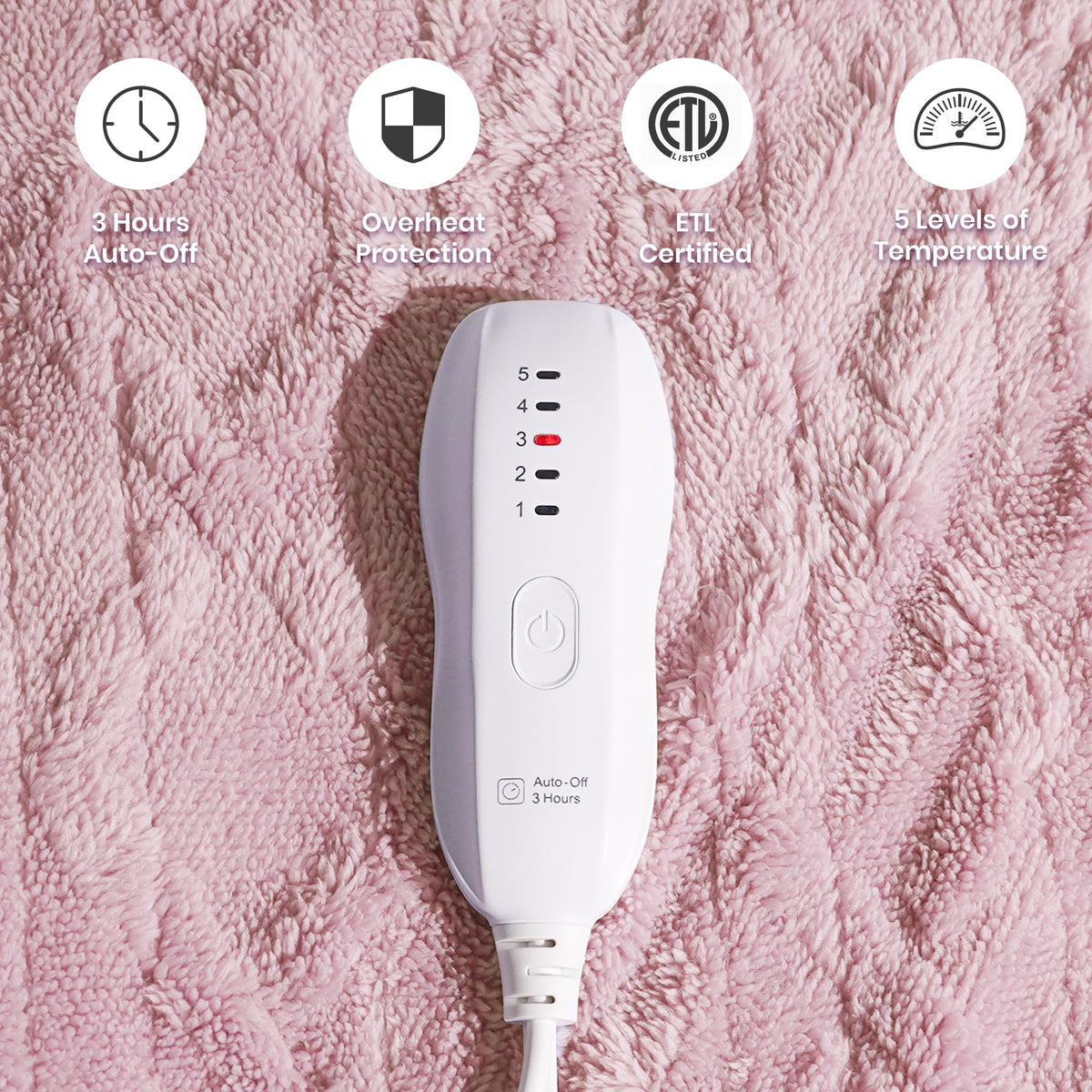 Aheadpret heated blanket shows five heat levels for customizable warmth.