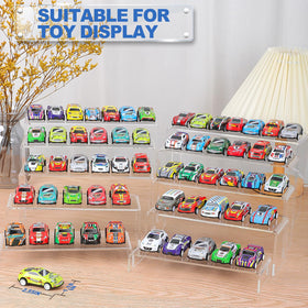 Aheroi acrylic risers jewelry cosmetics showcase on clear stands.