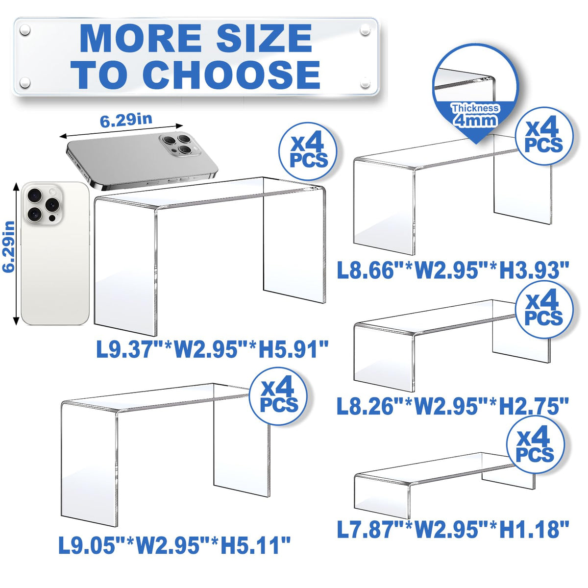 Aheroi acrylic risers multiple sizes, varying heights enhance product visibility.