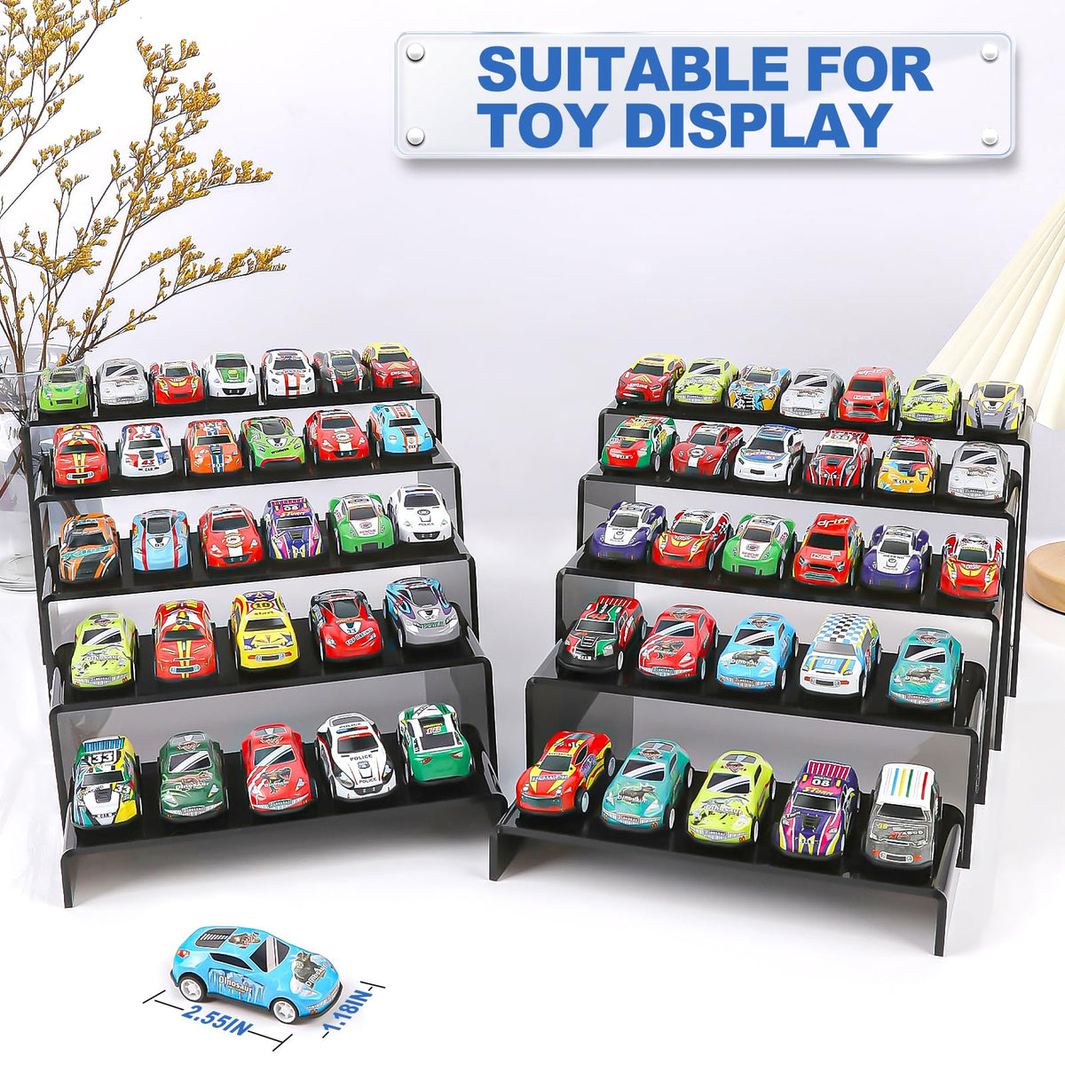 Aheroi risers used for decor and toy display on a shelf