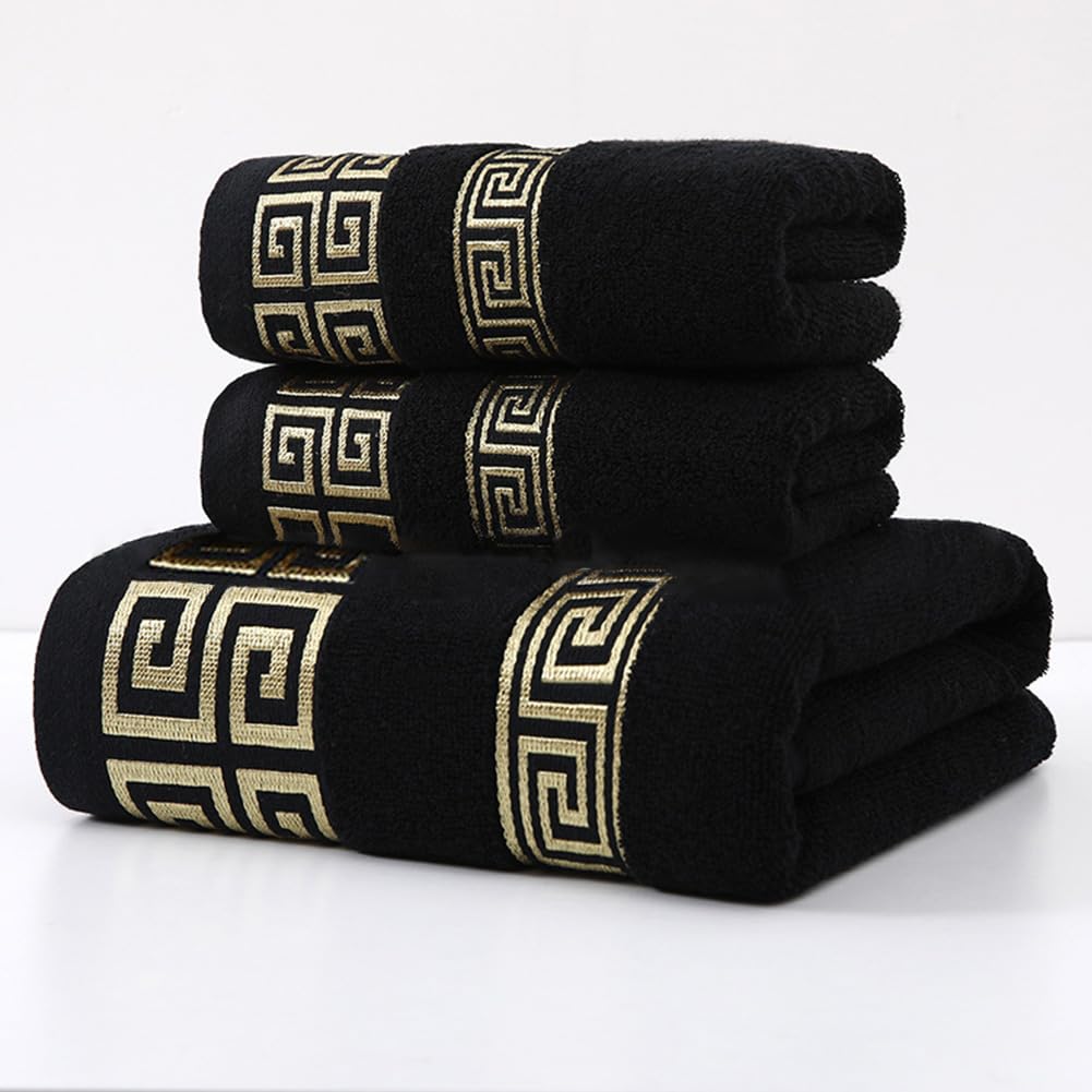 AHXHWKA bath towel embroidery detail in black, showcasing plush softness and quick drying.