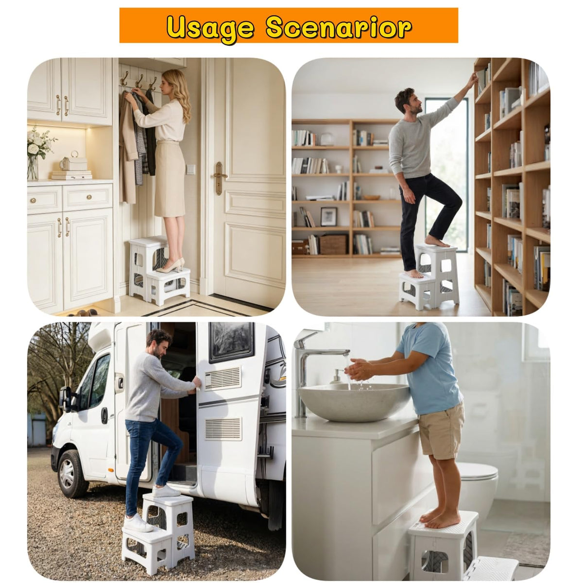 Ahxuvan 2-step stool folded for compact storage behind a door.