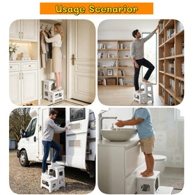 Ahxuvan 2-step stool folded for compact storage behind a door.
