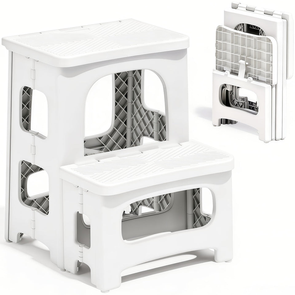 Ahxuvan 2-step stool foldable open for kitchen reach and quick tasks.
