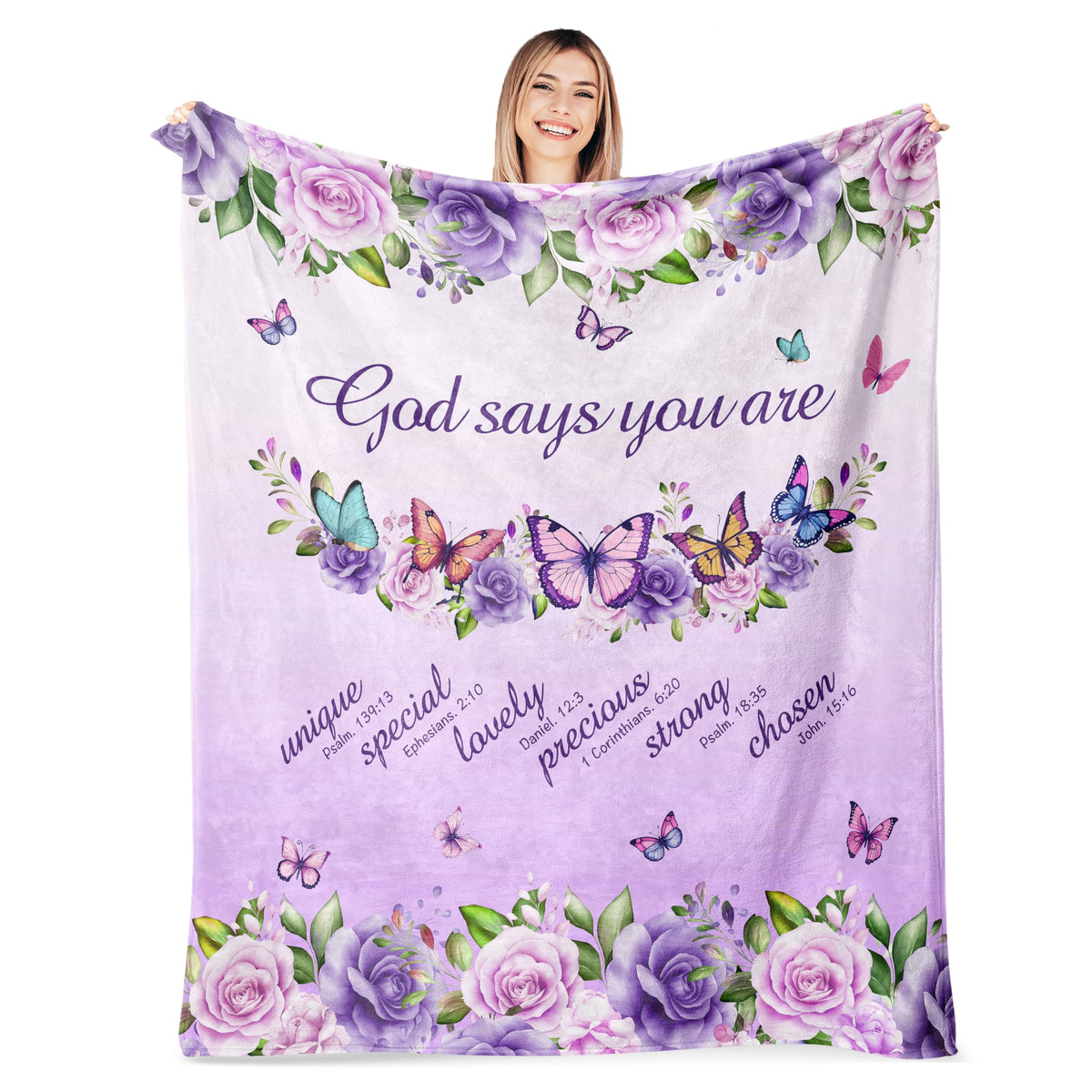AICLIV Christian butterfly blanket front view, soft fleece and uplifting verses
