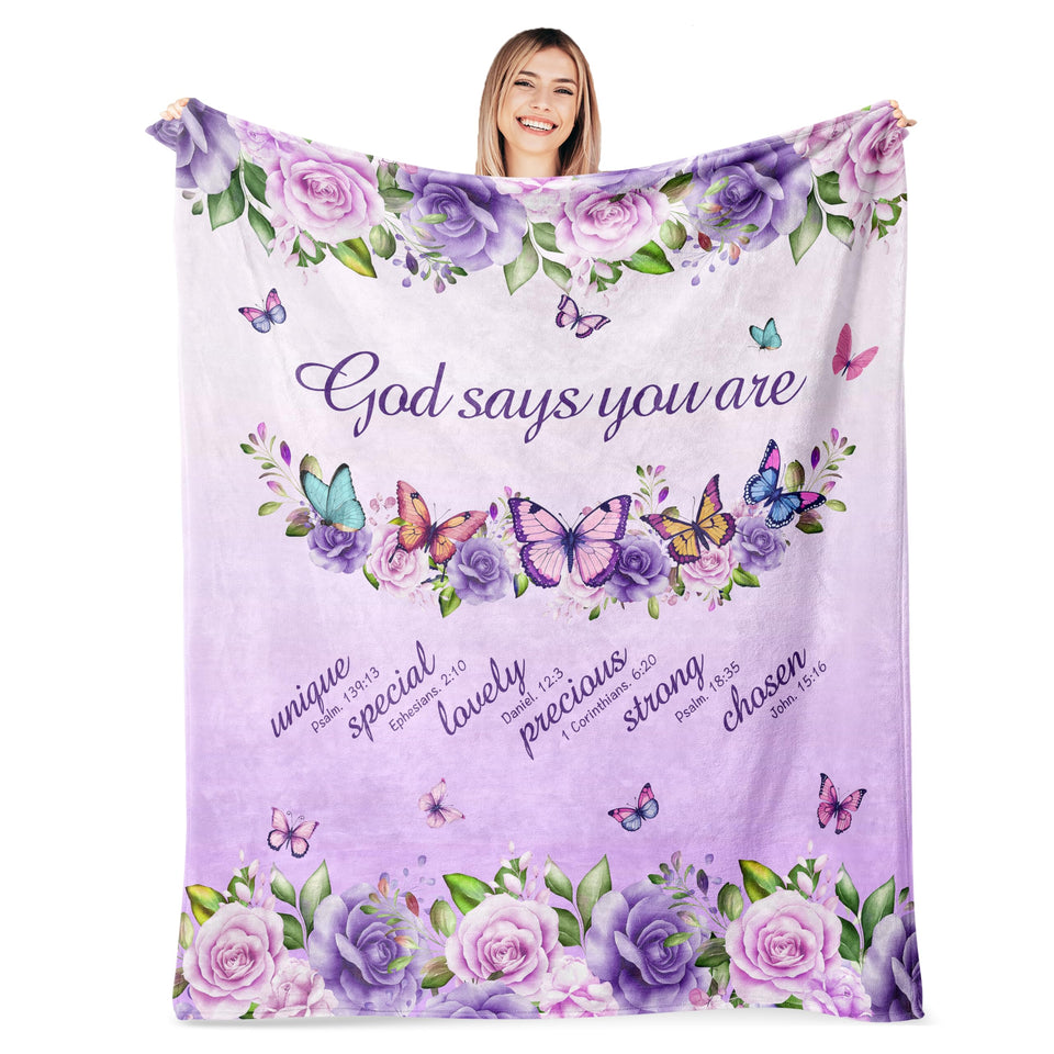 AICLIV Christian butterfly blanket front view, soft fleece and uplifting verses