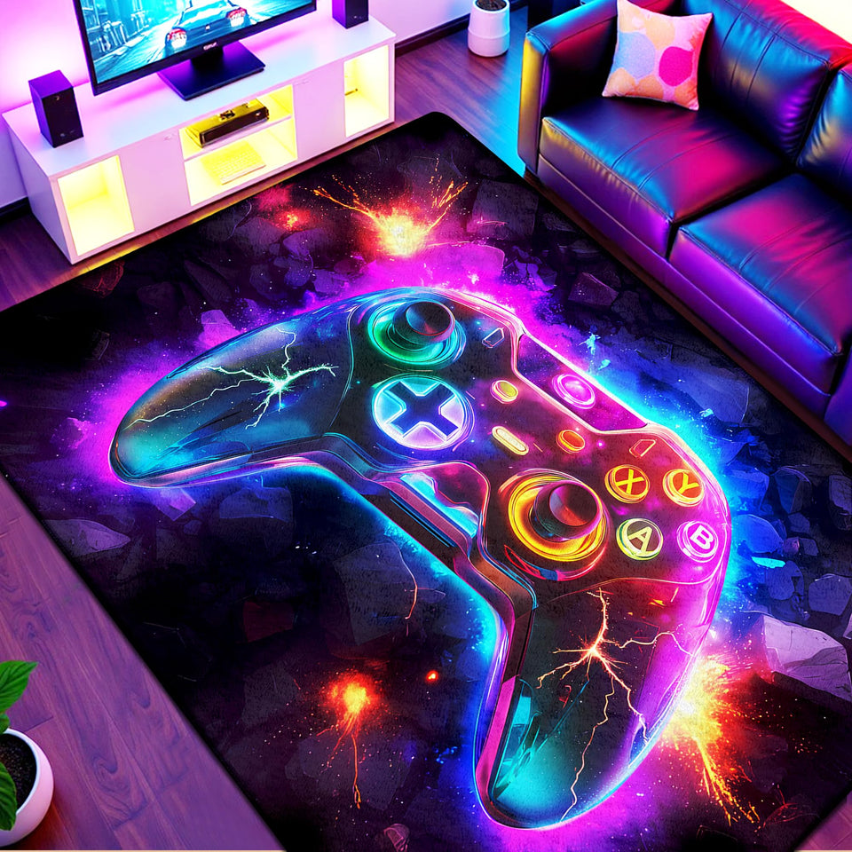 AICLIV neon gaming rug full-room view shows vibrant colors for a gamer zone