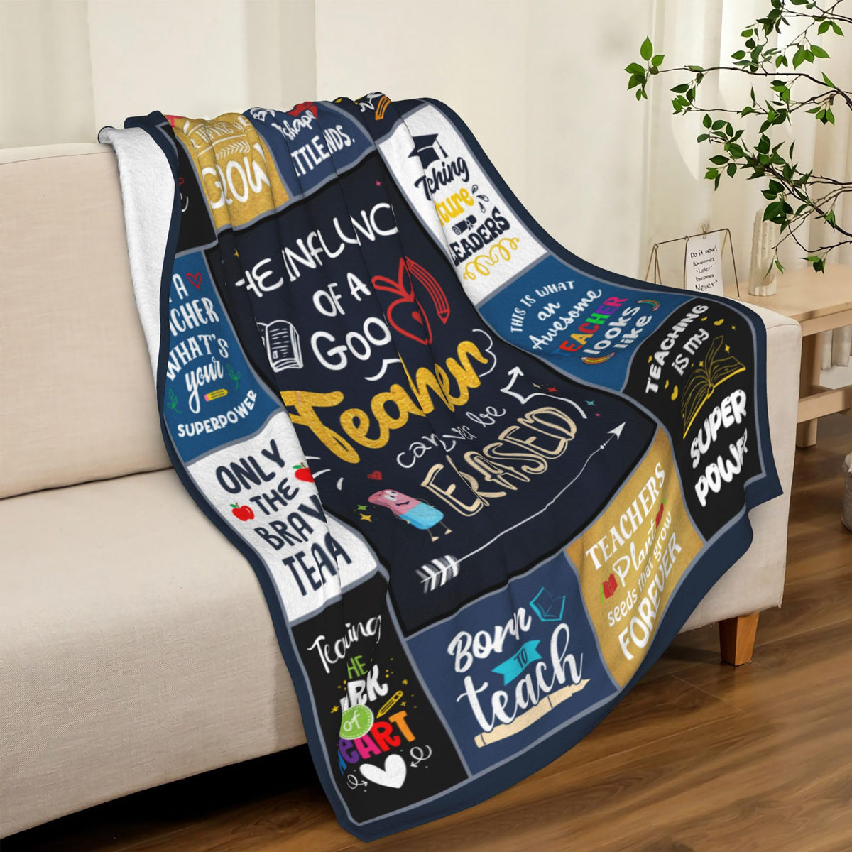 AICLIV 50x60 blanket shown wrapping a teacher.