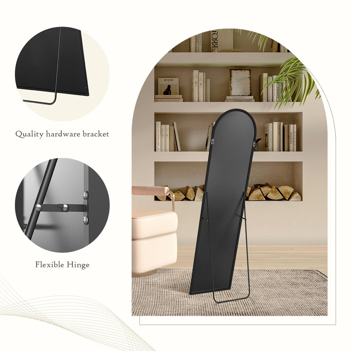 Aidoly Arched Mirror floor-standing setup for versatile room placement.