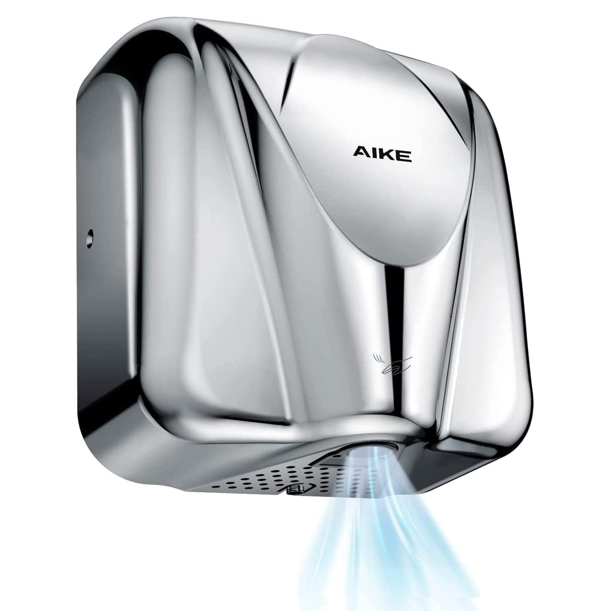 AIKE Elephant Power hand dryer front view in polished stainless steel for busy restrooms.