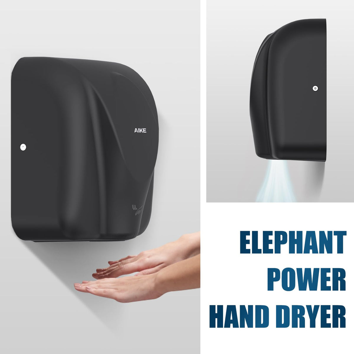 AIKE Elephant Power hand dryer matte black cover conveys durable, modern design.
