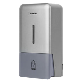 AIKE wall-mount soap dispenser silver front view, durable for high-traffic restrooms