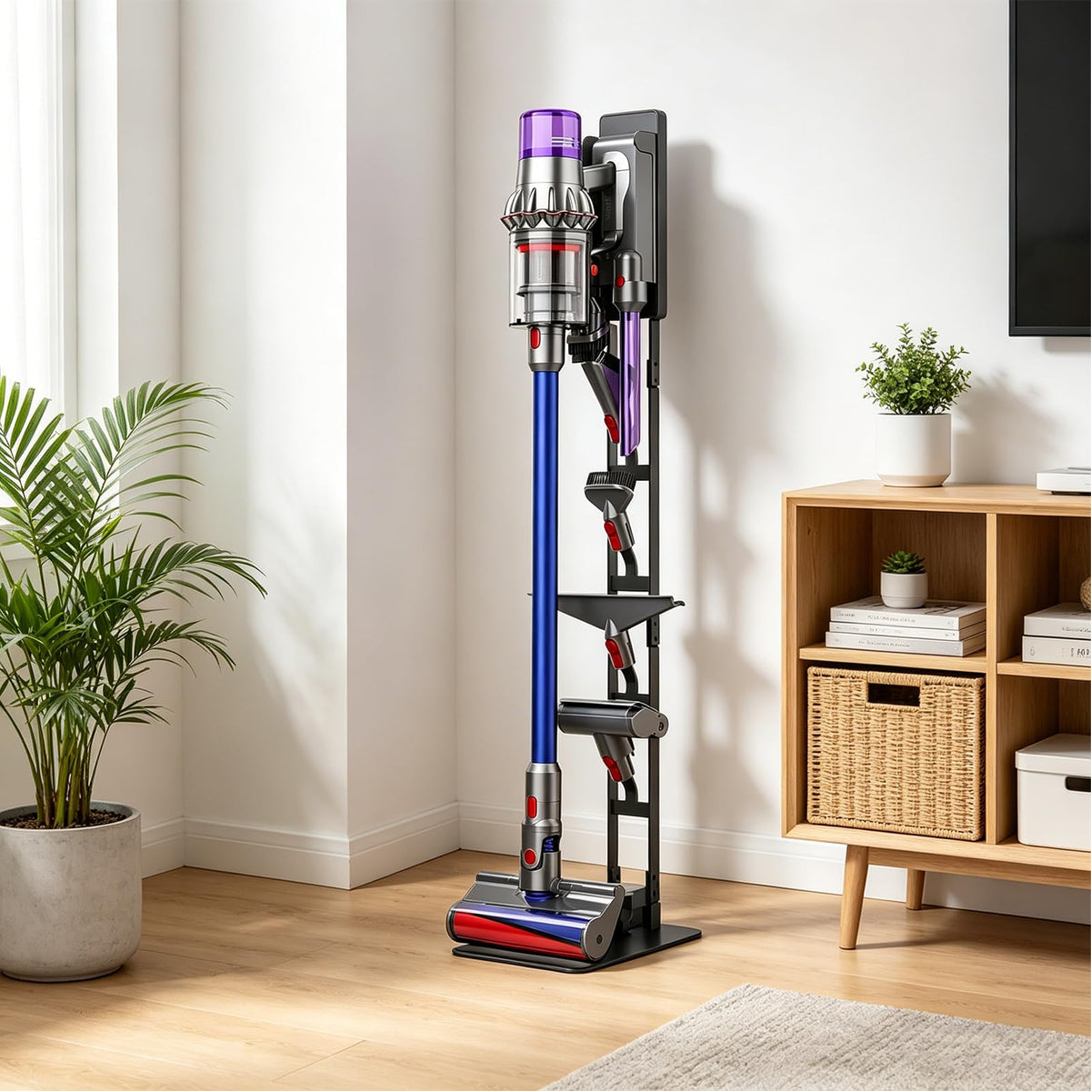 AIKOLZON vacuum stand living room setup with organized charging area