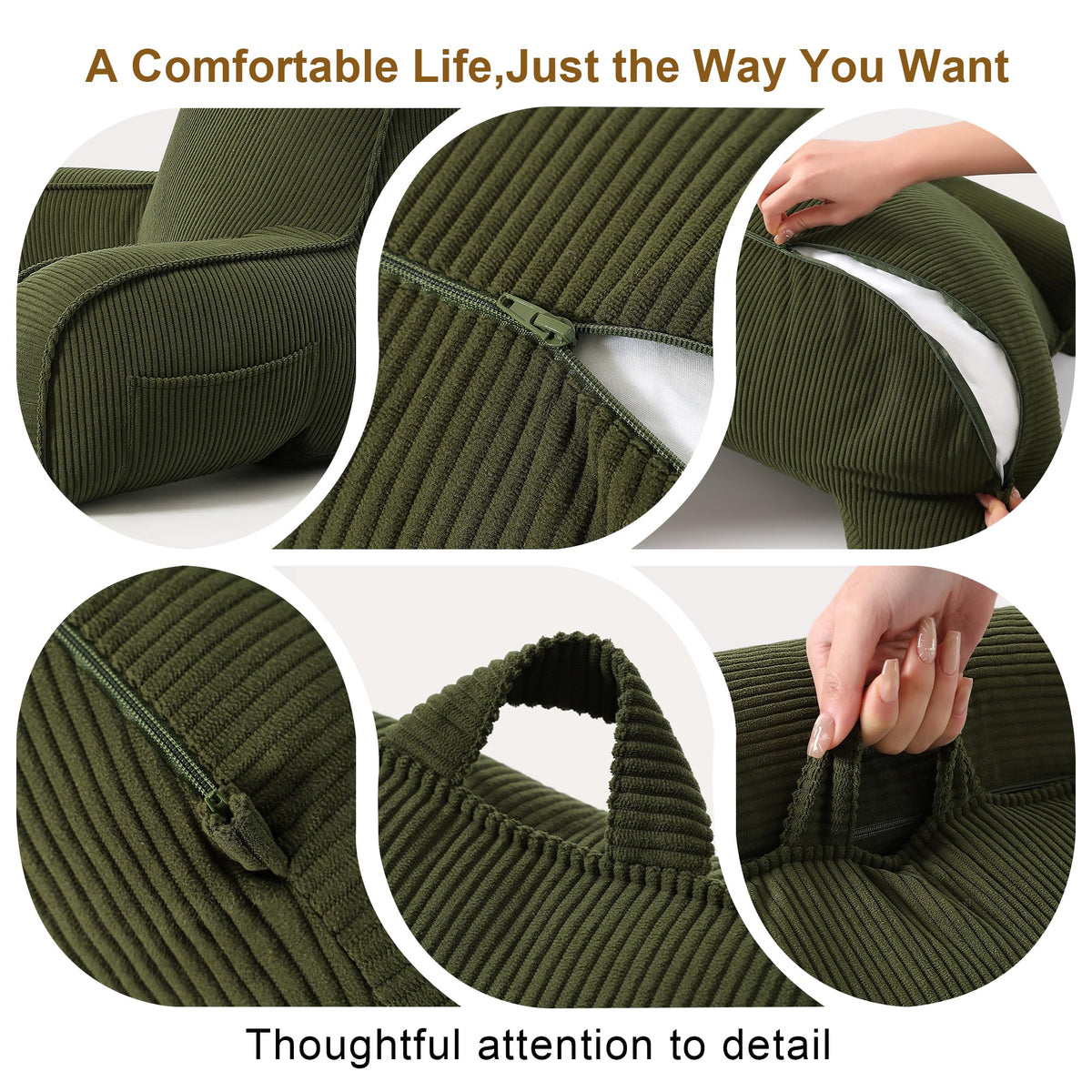 Ailuteie corduroy pillow includes a built-in handle for easy movement between spaces.