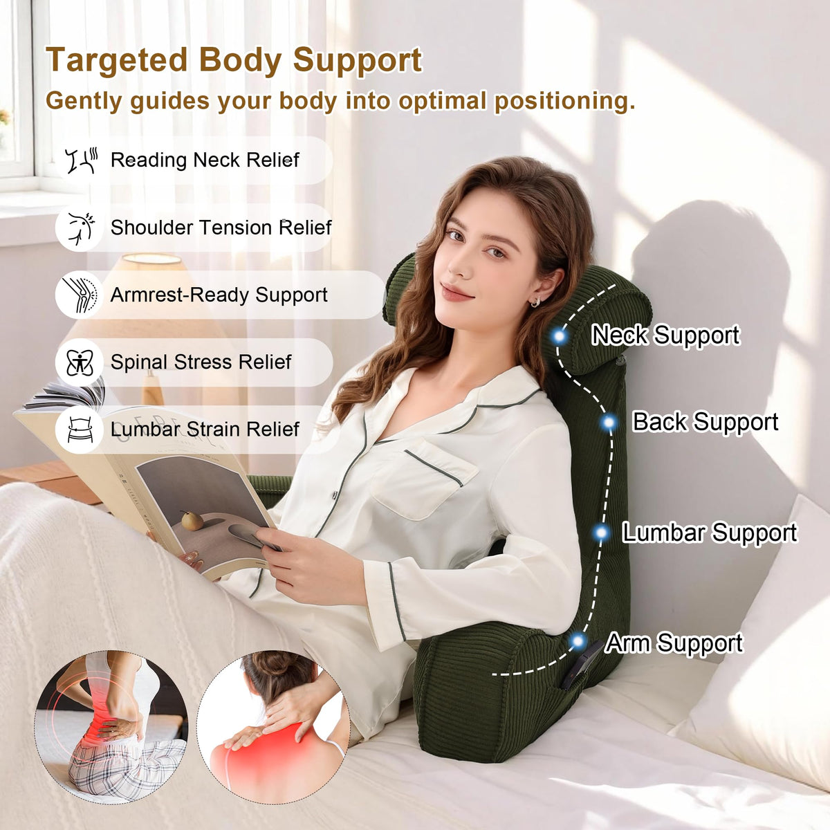 Ailuteie corduroy reading pillow detachable headrest doubles as a neck pillow.