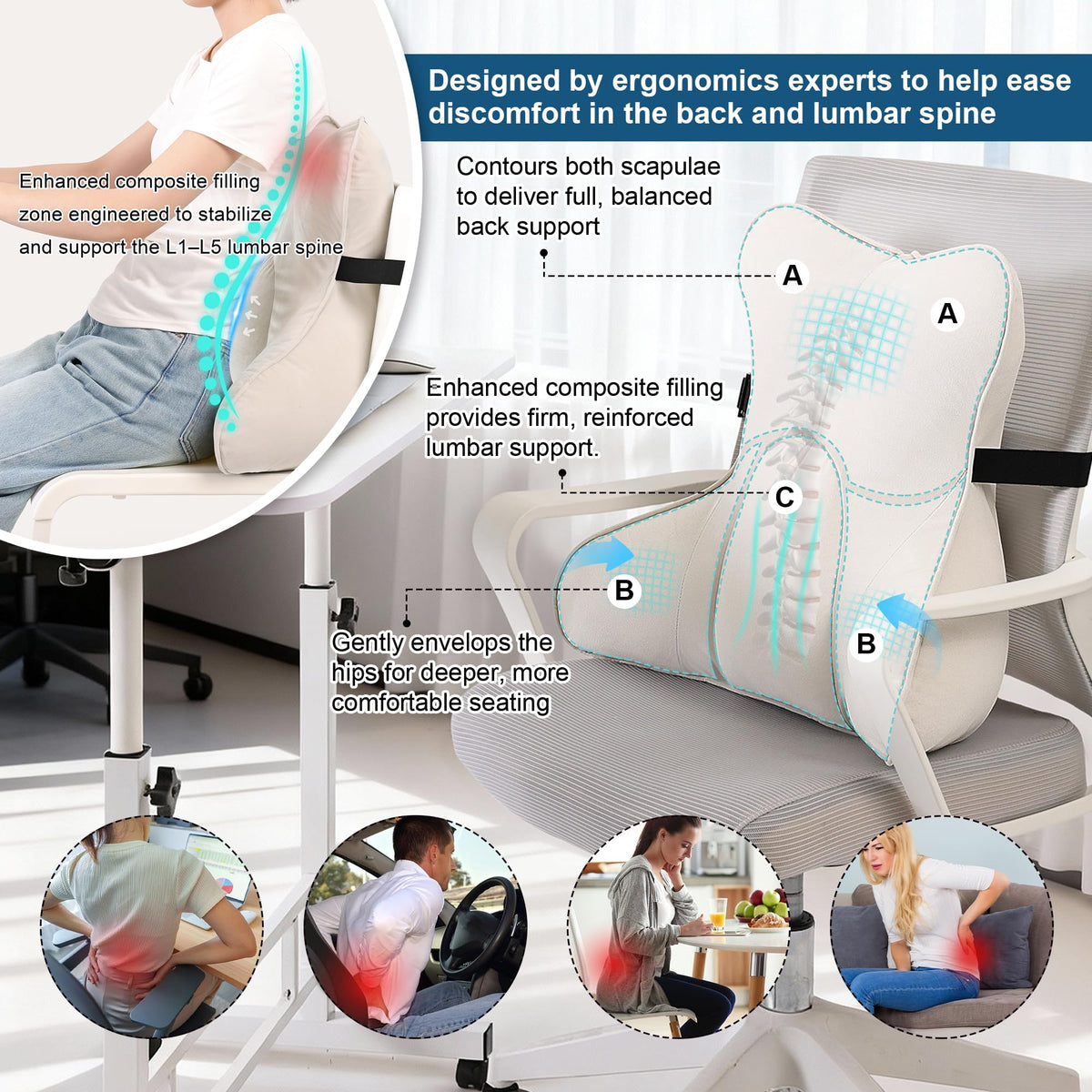Ailuteie Lumbar Support Pillow on office chair to promote steady posture